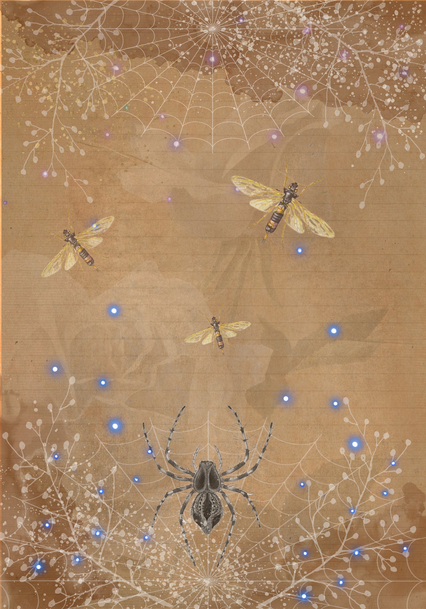 Dear Cordelia Digital Writing Paper featuring a spider and Moths